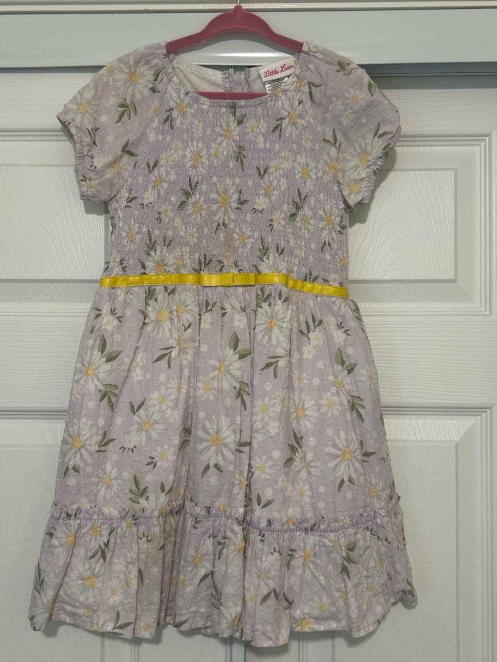 Little Lass Lavender Floral Dress with Yellow Waist Ribbon